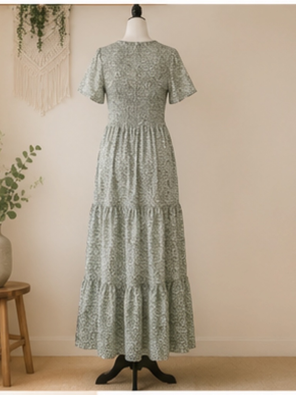 Polagram Smocked Tiered Maxi Dress Sage Green Floral Small Cottagecore - Picture 4 of 8